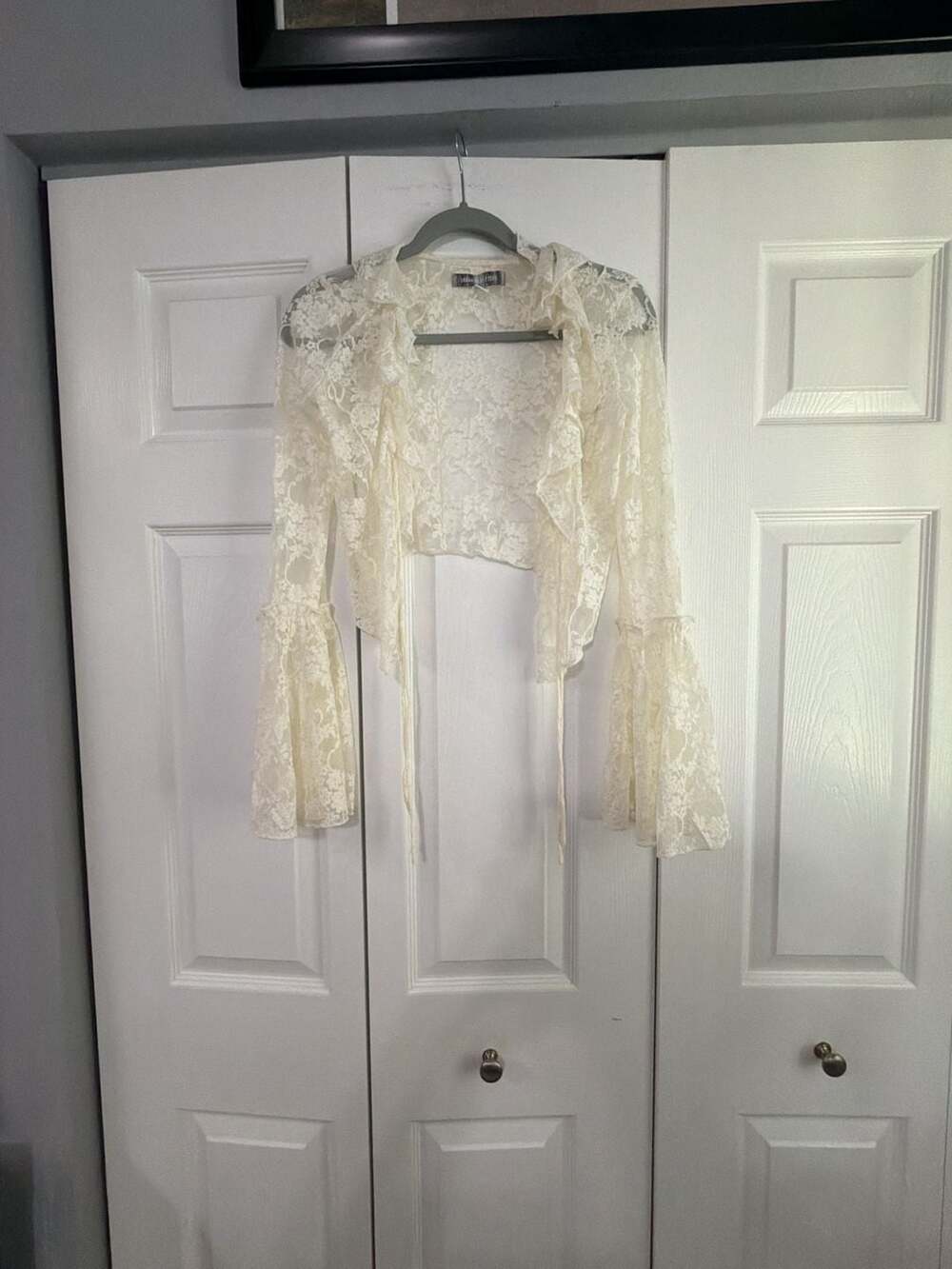 Urban Outfitters Ivory Floral Lace Tie-Front Cropped Cardigan with Bell Sleeves